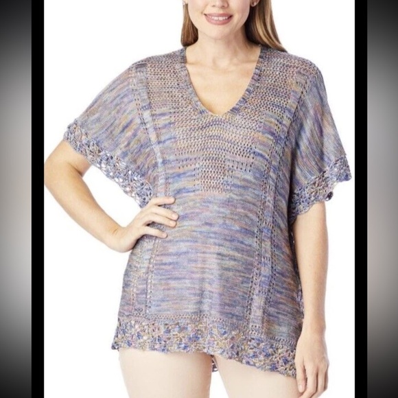 Democracy Sweaters - Democracy V-Neck Regular Size S/M Sweater Women's Multicolor Crochet Trim, NEW